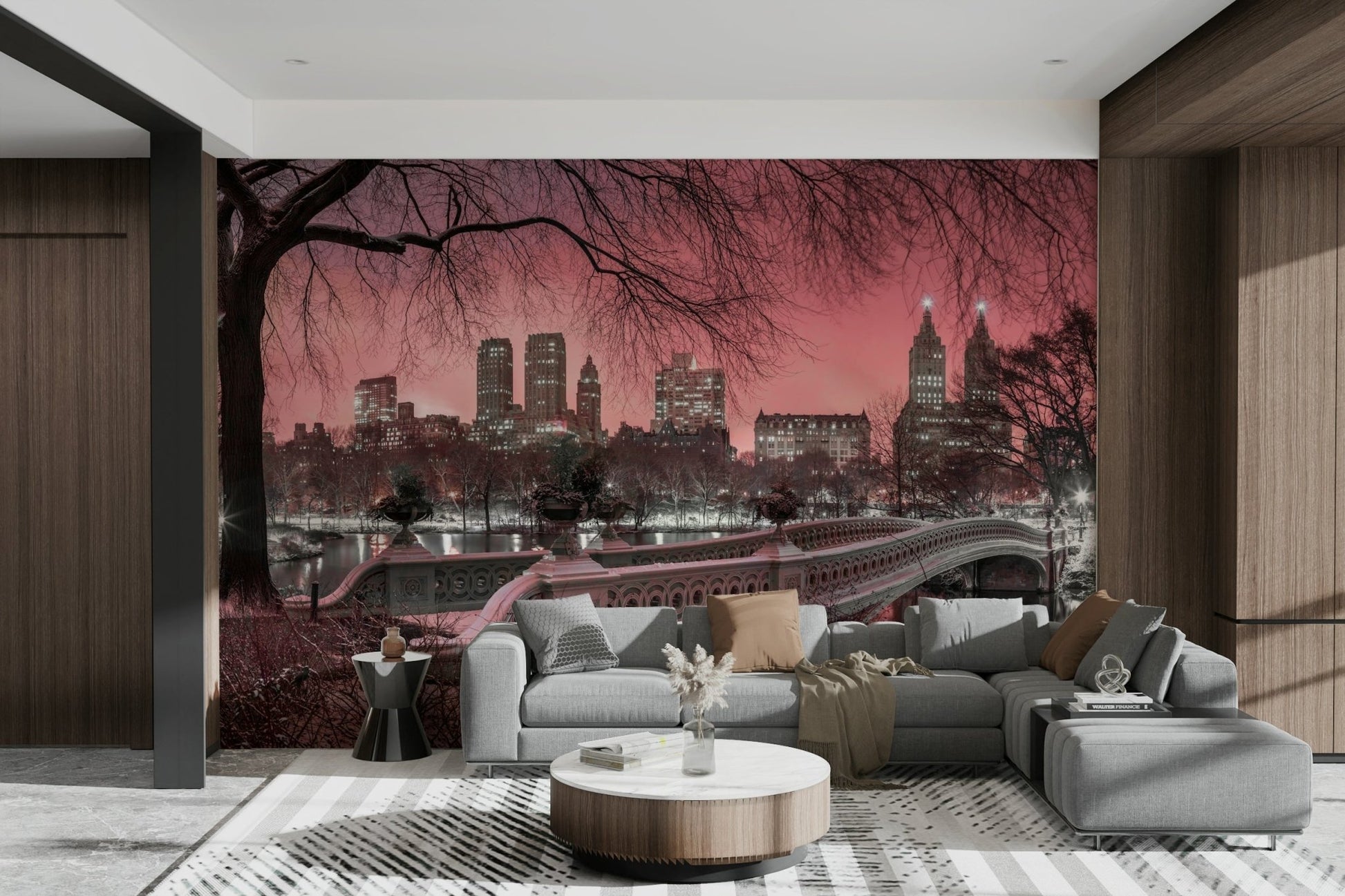Cozy reading nook with a pink dusk mural.