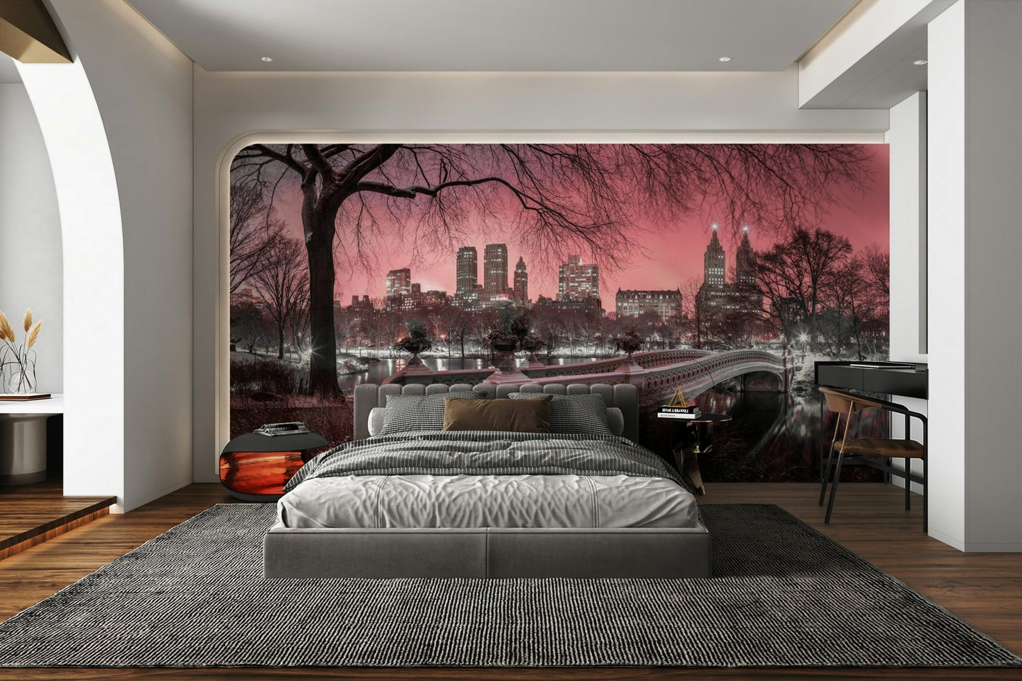 Studio room with pink dusk wallpaper for wall.

