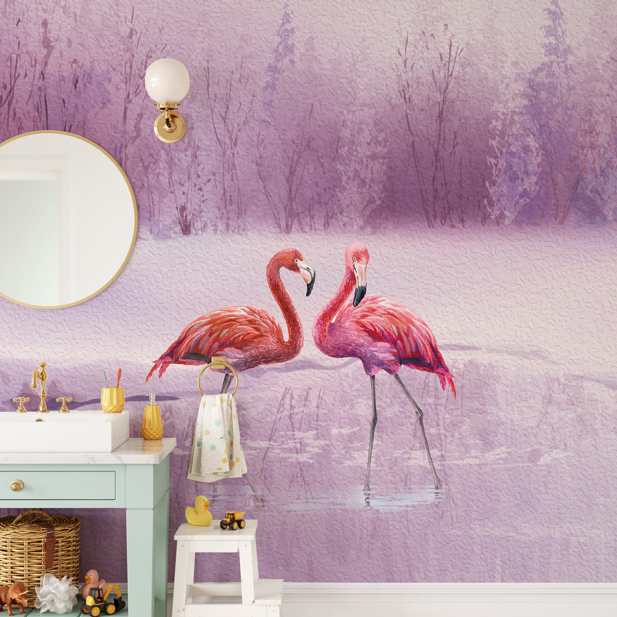 Pink Flamingo wallpaper of two flamingos in a lavender landscape above a wood kitchen counter and gold faucet