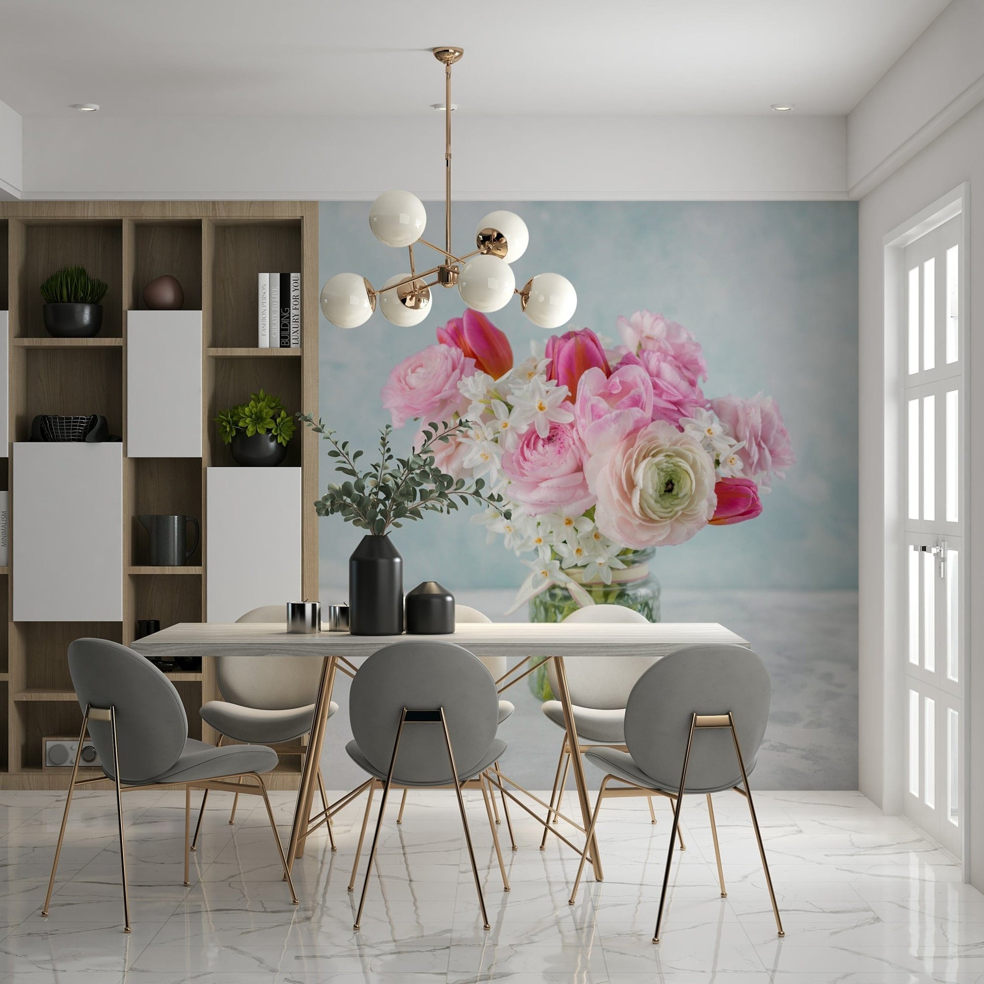 Pink Floral Bloom wallpaper mural of a pink and white bouquet behind a dining table with gray chairs and gold chandelier