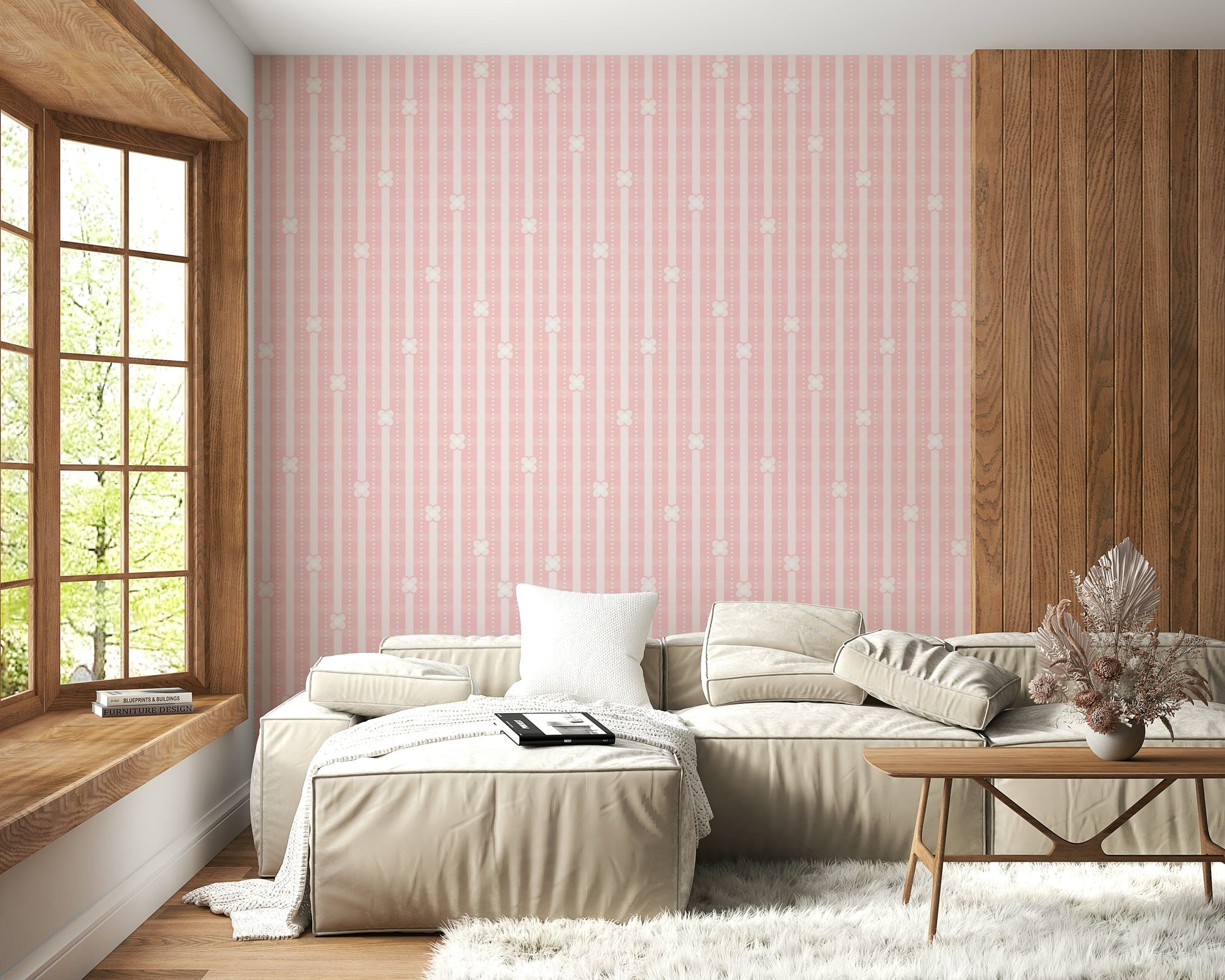 Pastel Pink Petals & Stripes Wall Mural – Subtle, feminine wallpaper combining soft petals with refined stripes.