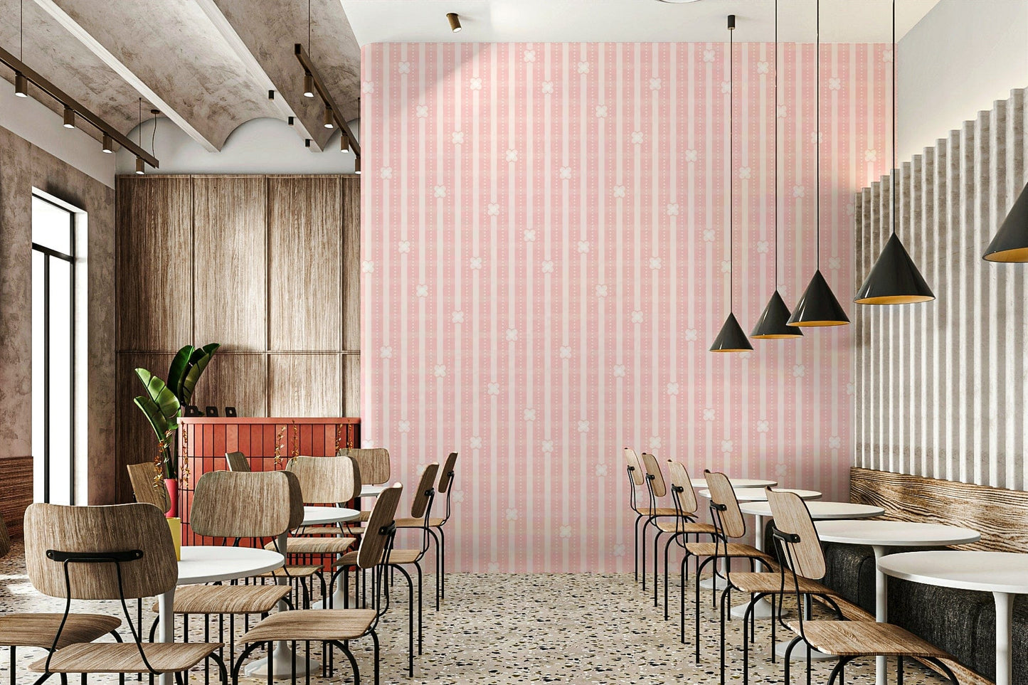 Floral and Stripe Pink Wallpaper – Sophisticated wall mural blending delicate petals with geometric stripe patterns.