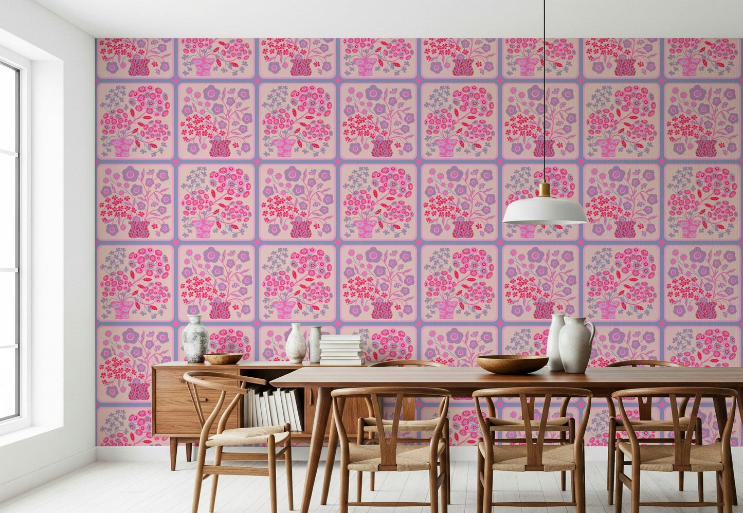 Large scale floral bouquet tiles on a dining room feature wall for a bold look.