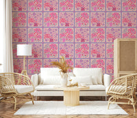 Modern apartment hallway featuring a red and pink floral bouquet wall covering.