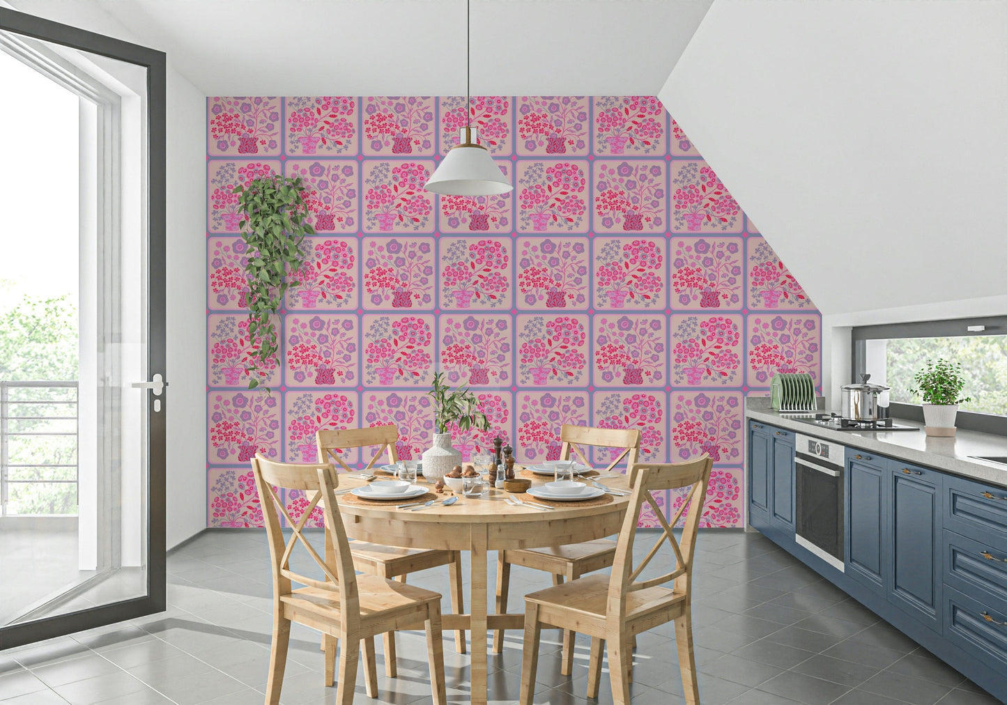 Home office desk set against a vibrant red and lavender floral tile print wall.