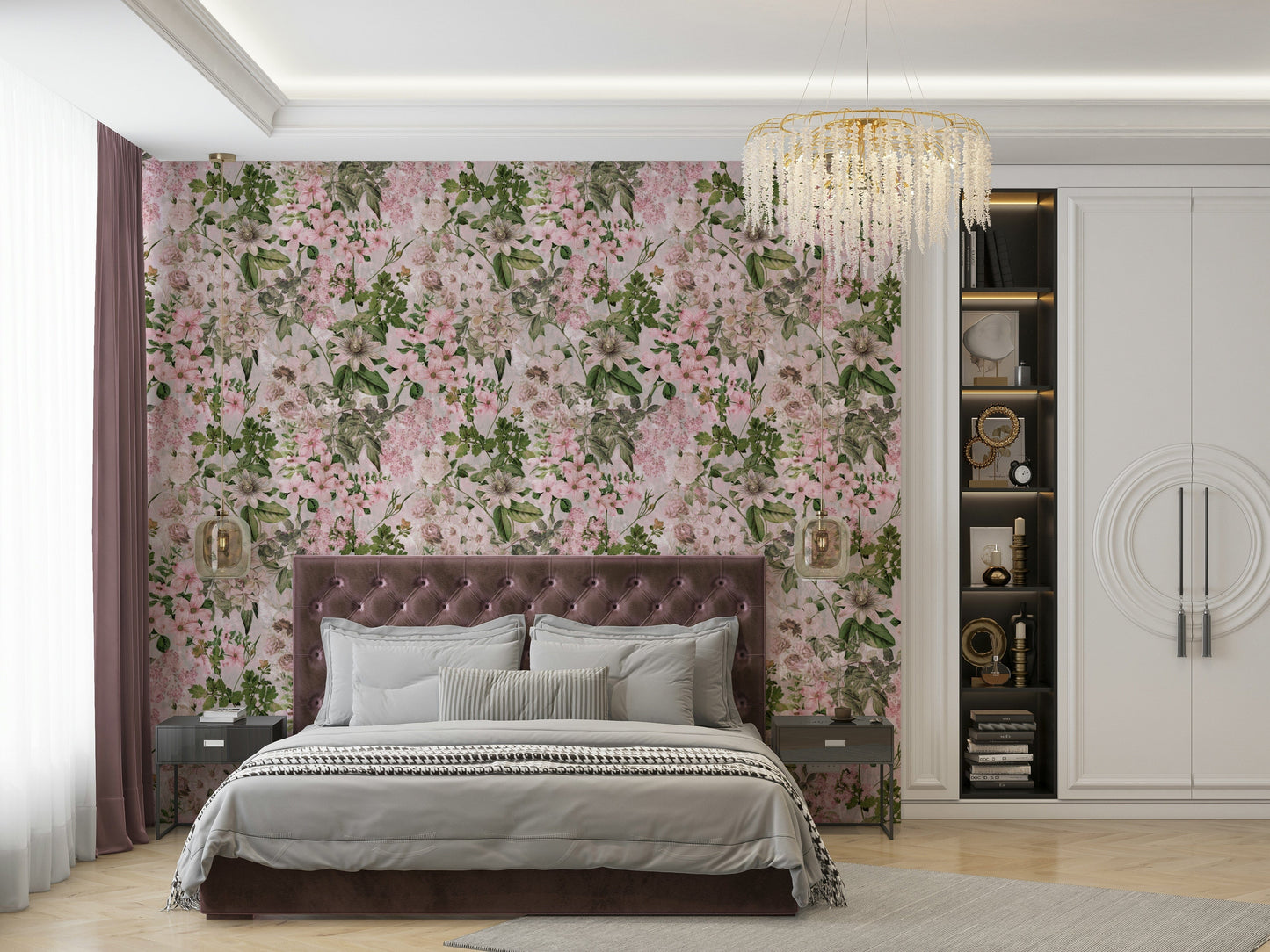 A bedroom decorated with a blossoms mural

