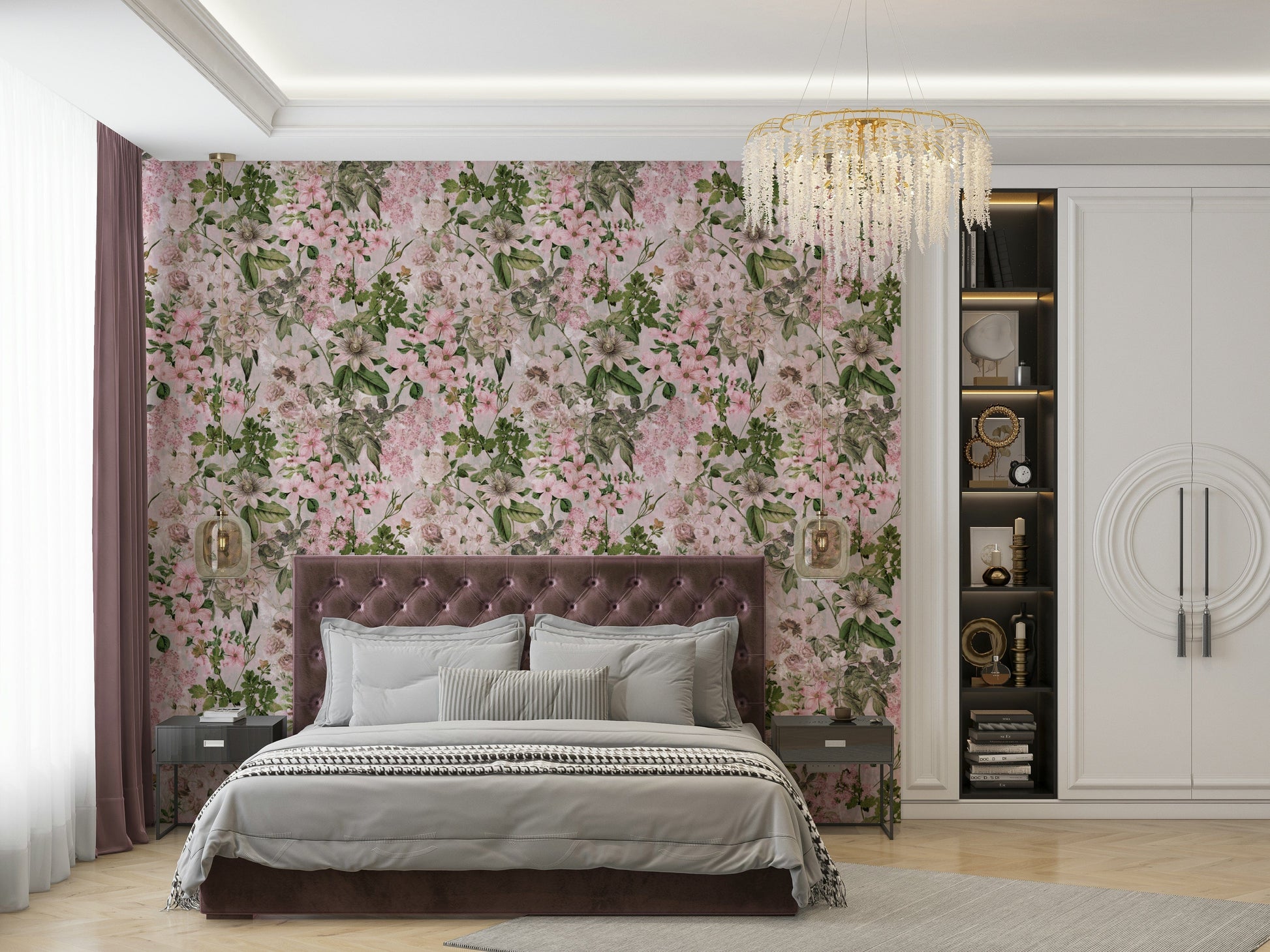 A bedroom decorated with a blossoms mural

