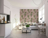 Pink Blossom Flowers Wallpaper on a living room wall

