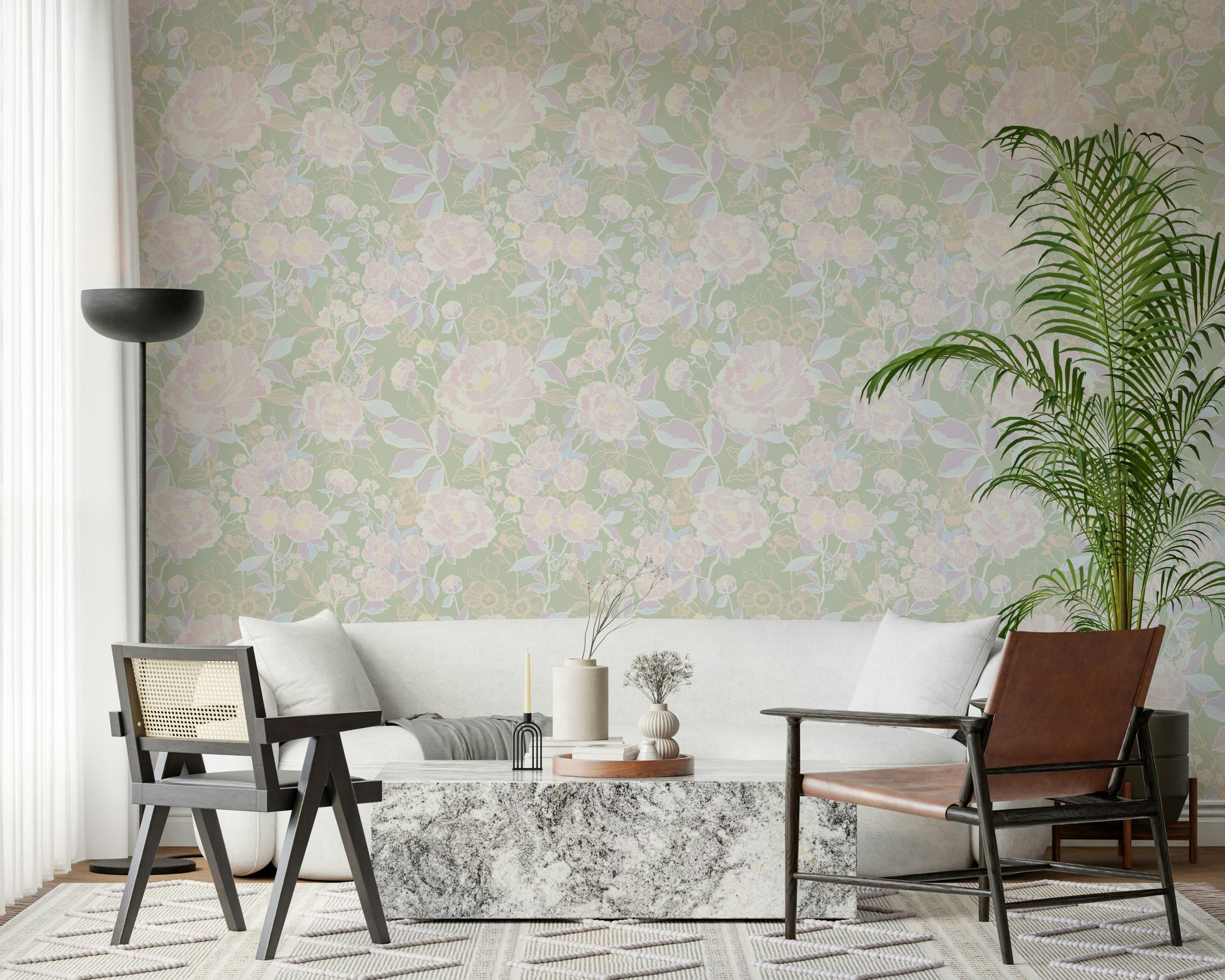 Muted green Soft Botanical wallpaper mural featuring large peonies.