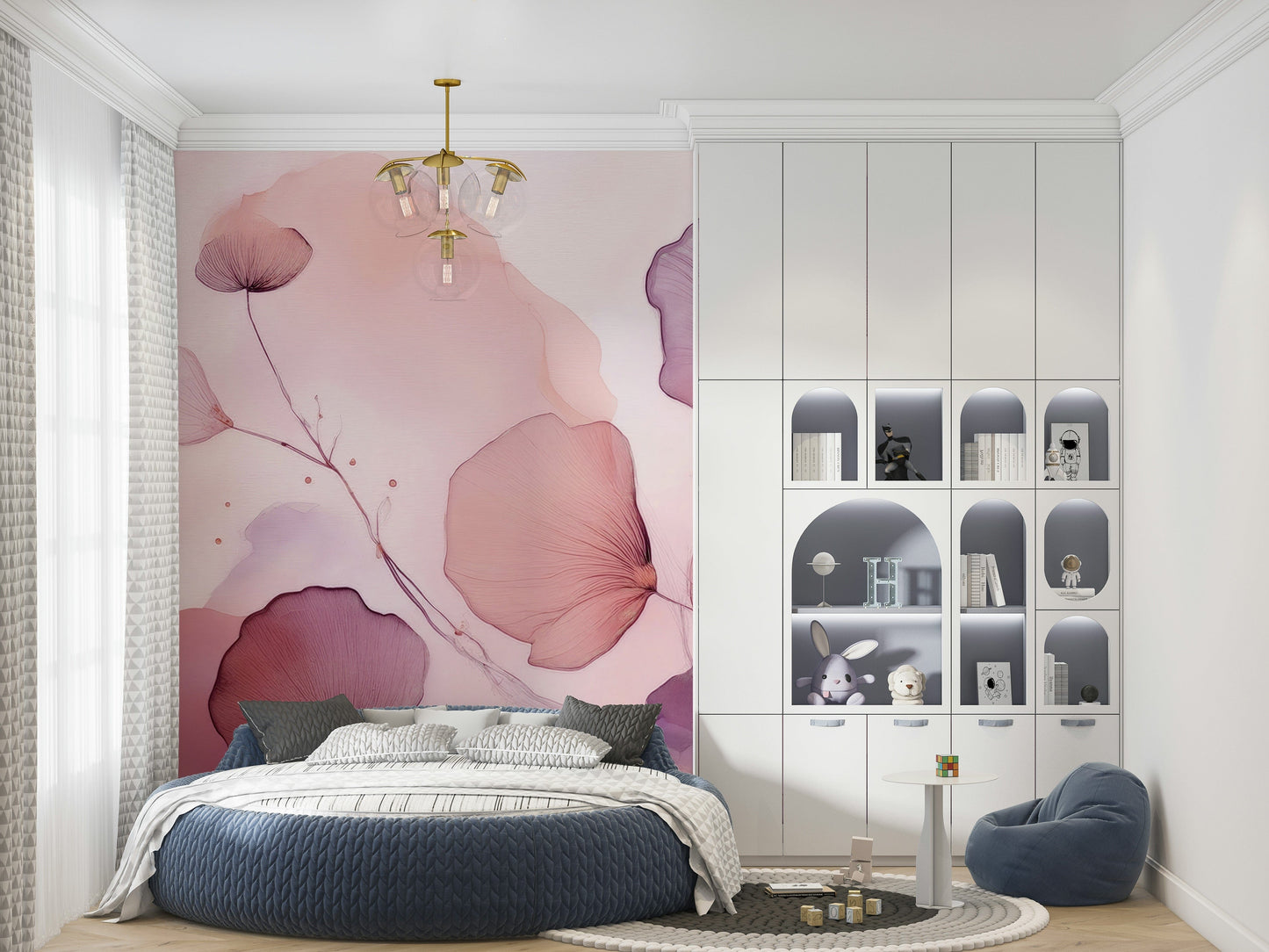 Floral wall mural with gentle blossoms and airy brushstrokes evoking calm and sophistication.