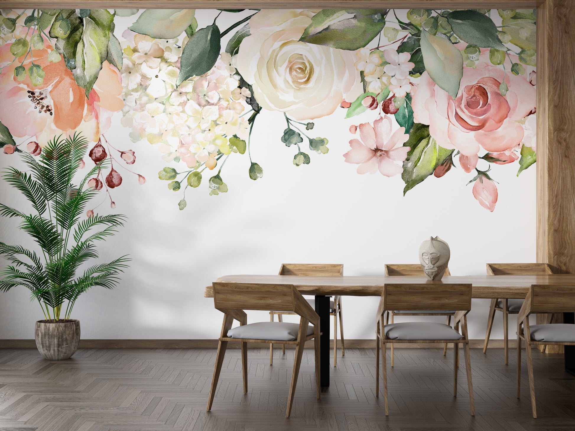 Watercolor pink and white blooms for mural decor.