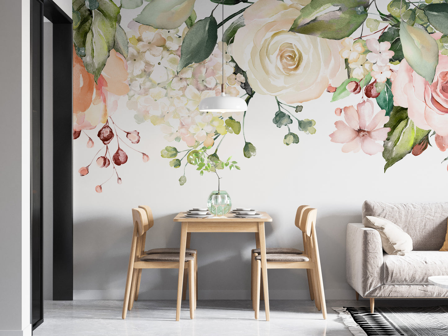 Elegant watercolor pink flowers with lush green leaves.