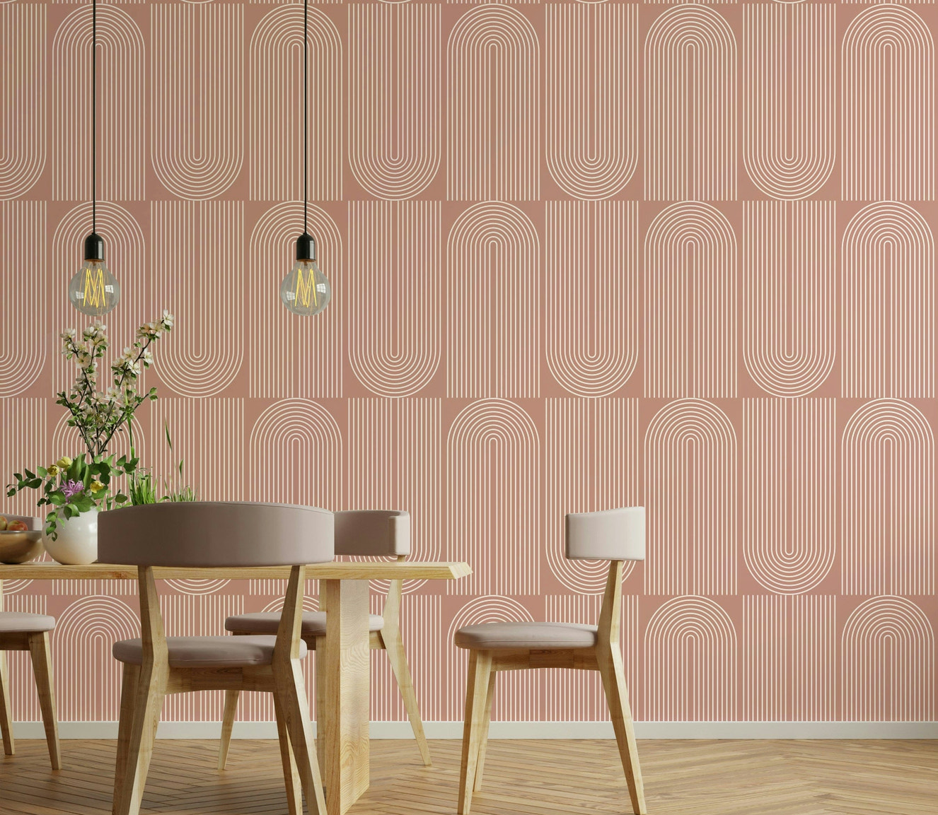 Creamy arch pattern wallpaper with terracotta background.

