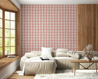 Subtle rose-toned gingham wallpaper mural with a timeless grid layout.