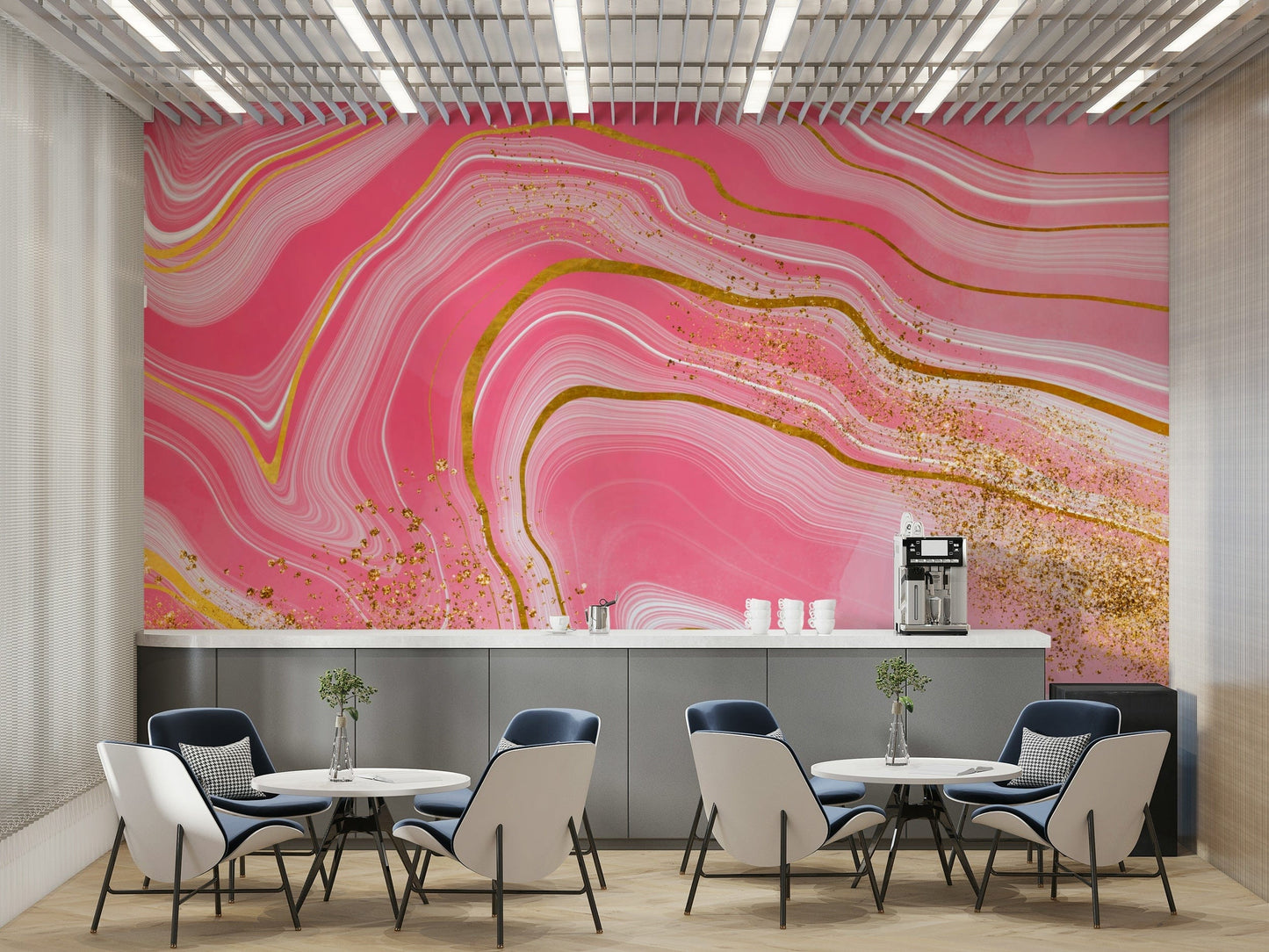 The wall art combines a flowing pattern with metallic accents.

