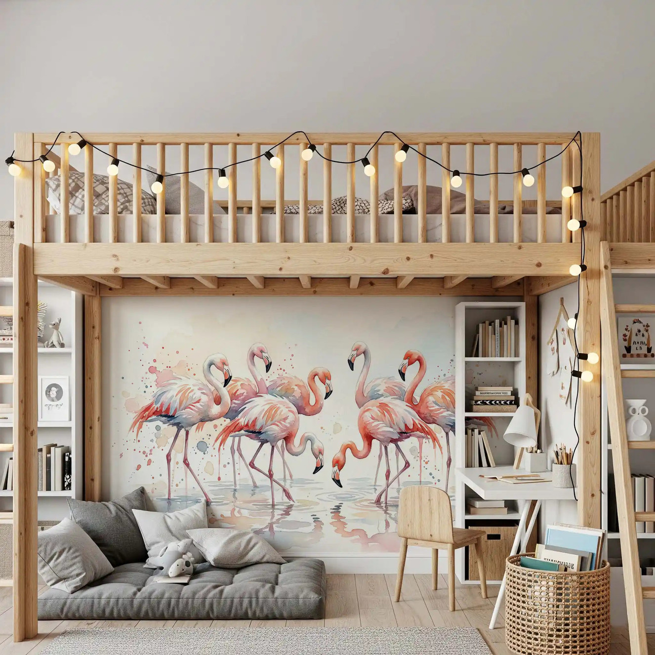 Pink Grace in Watercolors wall mural with soft flamingos in pastel watercolor style