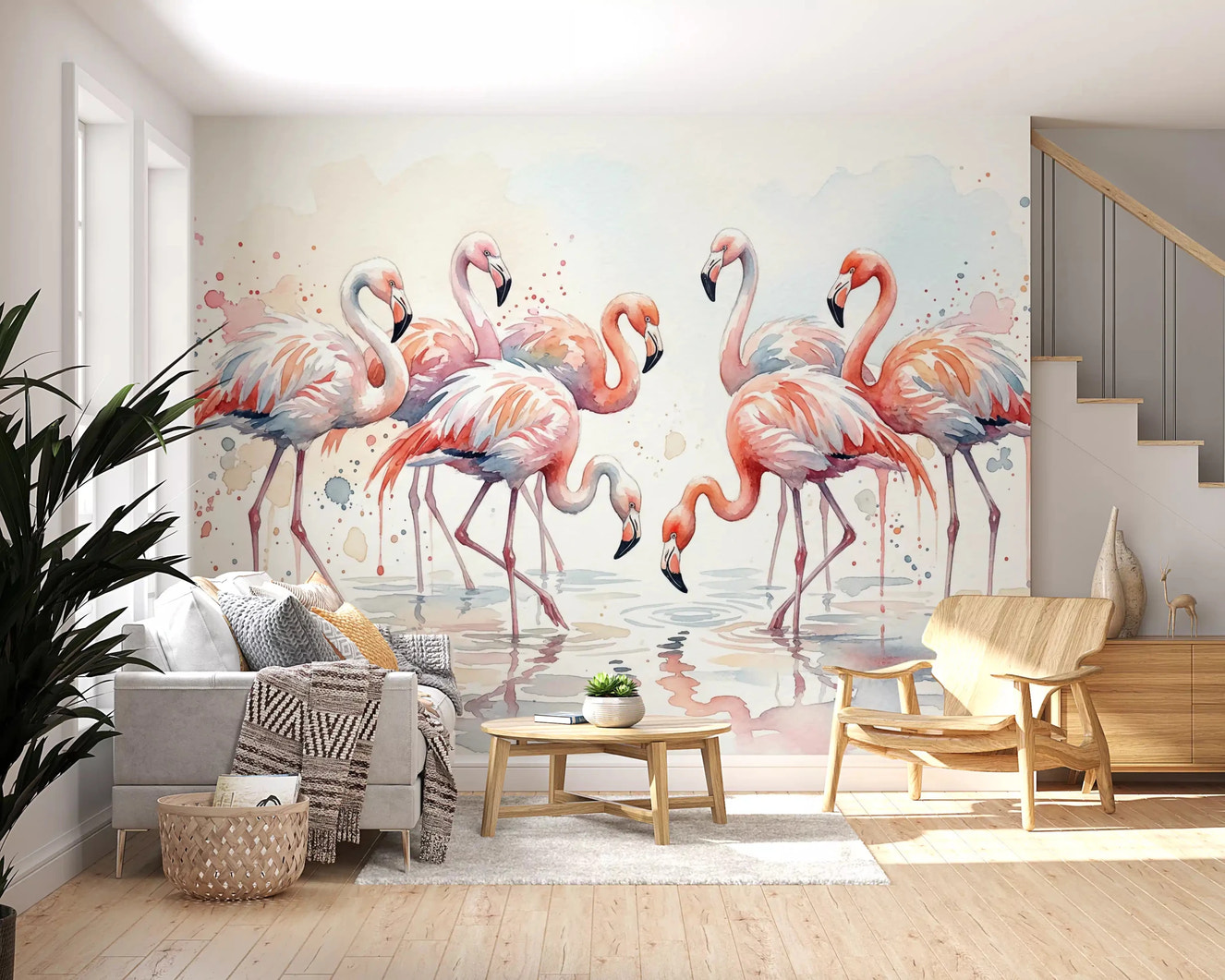 Modern watercolor flamingo wall mural with soft pink and peach color accents