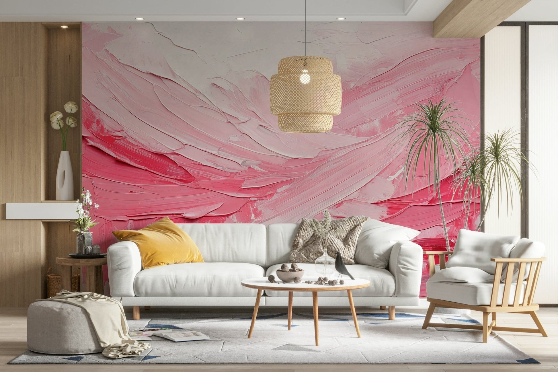Expressive pink mural styled in modern bedroom

