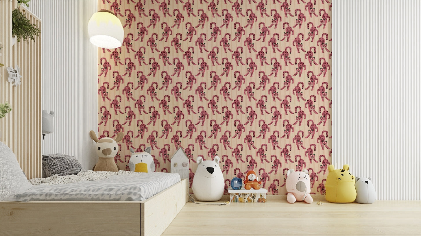 Vibrant pink tiger wallpaper with jungle jewel accents

