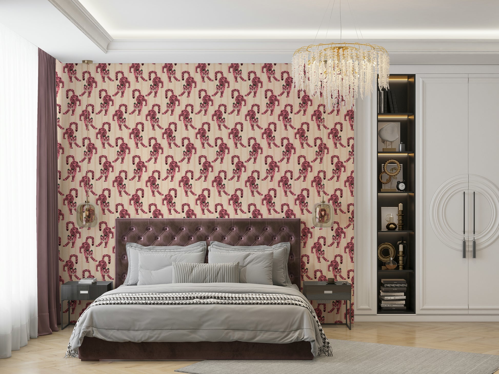 Exotic pink jumping tiger wallpaper for a wild, vibrant look

