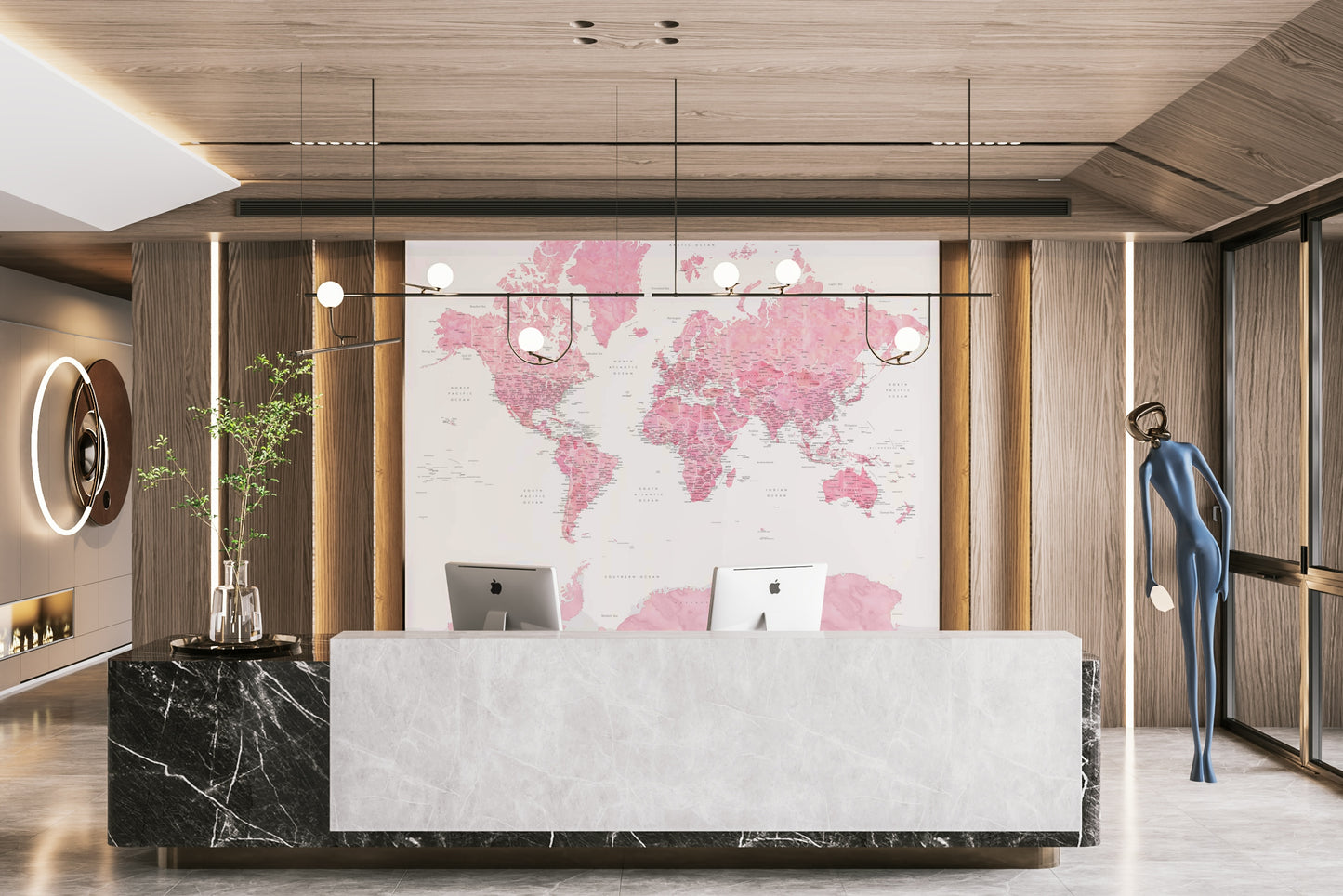 Decorative world map in pink watercolor shades


