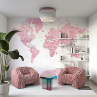 Pink watercolor world map wallpaper for girls’ rooms

