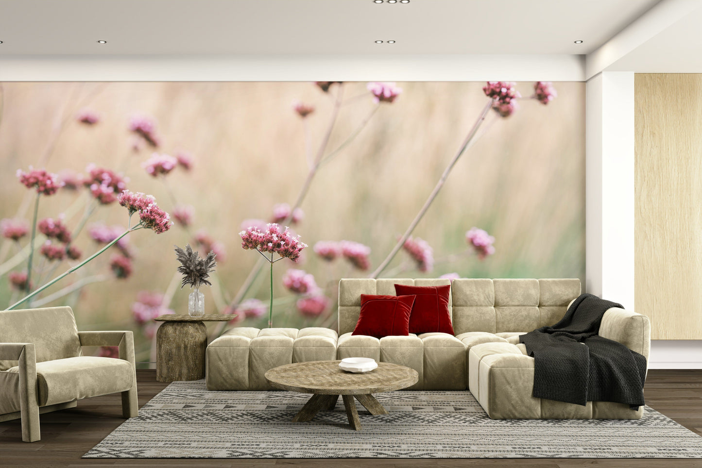 Wall mural with a soft pink flower field.

