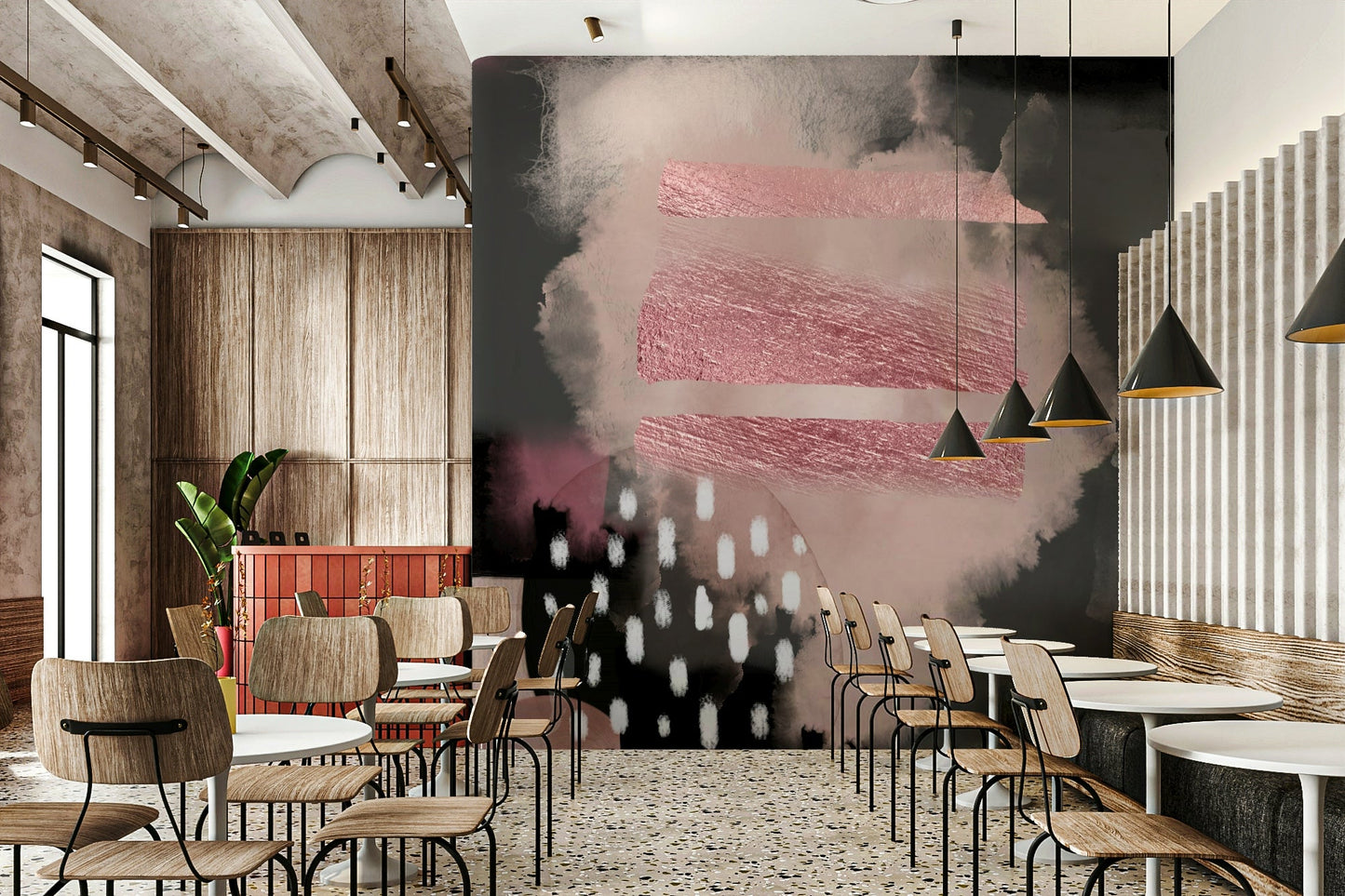 Soothing wall mural in pink shades for a restful atmosphere.

