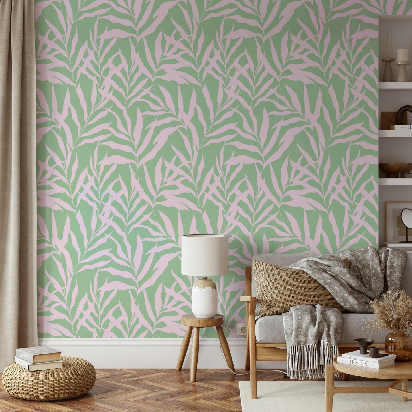 A living room with tropical palm leaf wallpaper

