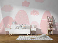 Cute pink and white mountain-themed wallpaper for kids.