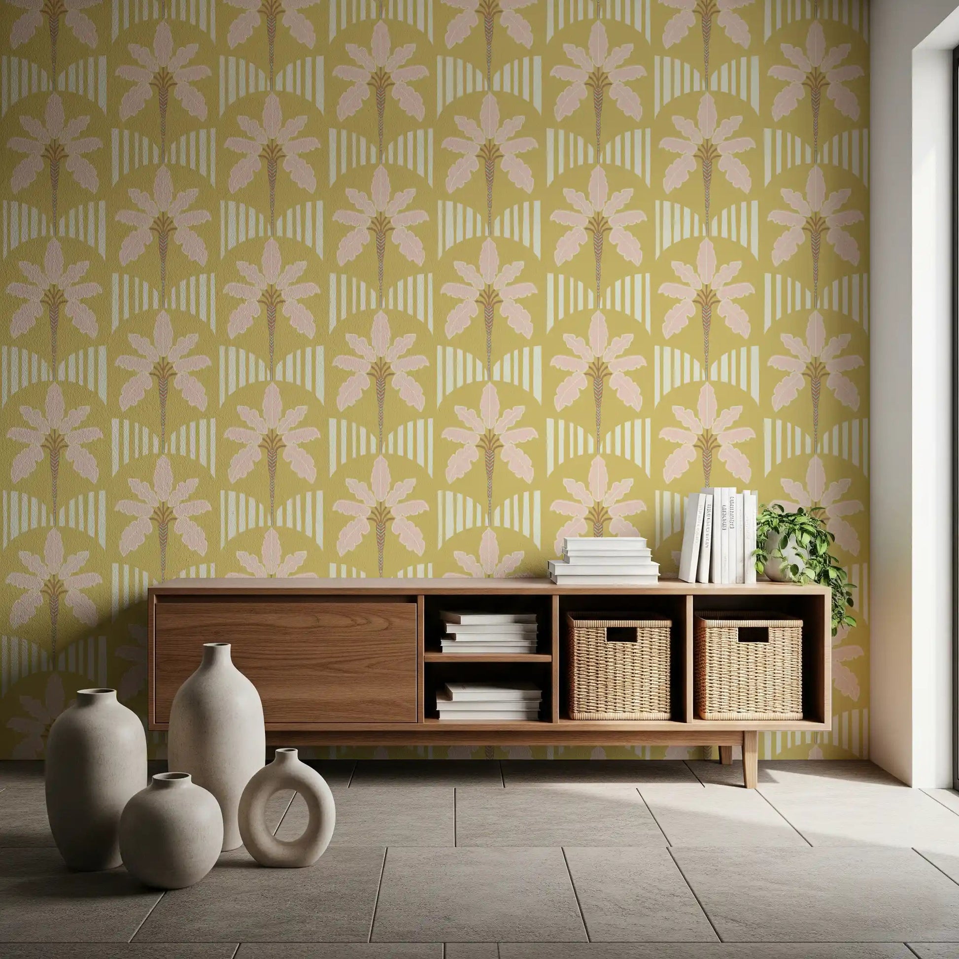 Lounge with retro palm wallpaper in blush and mustard stripe combination tones