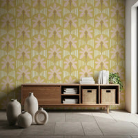 Lounge with retro palm wallpaper in blush and mustard stripe combination tones