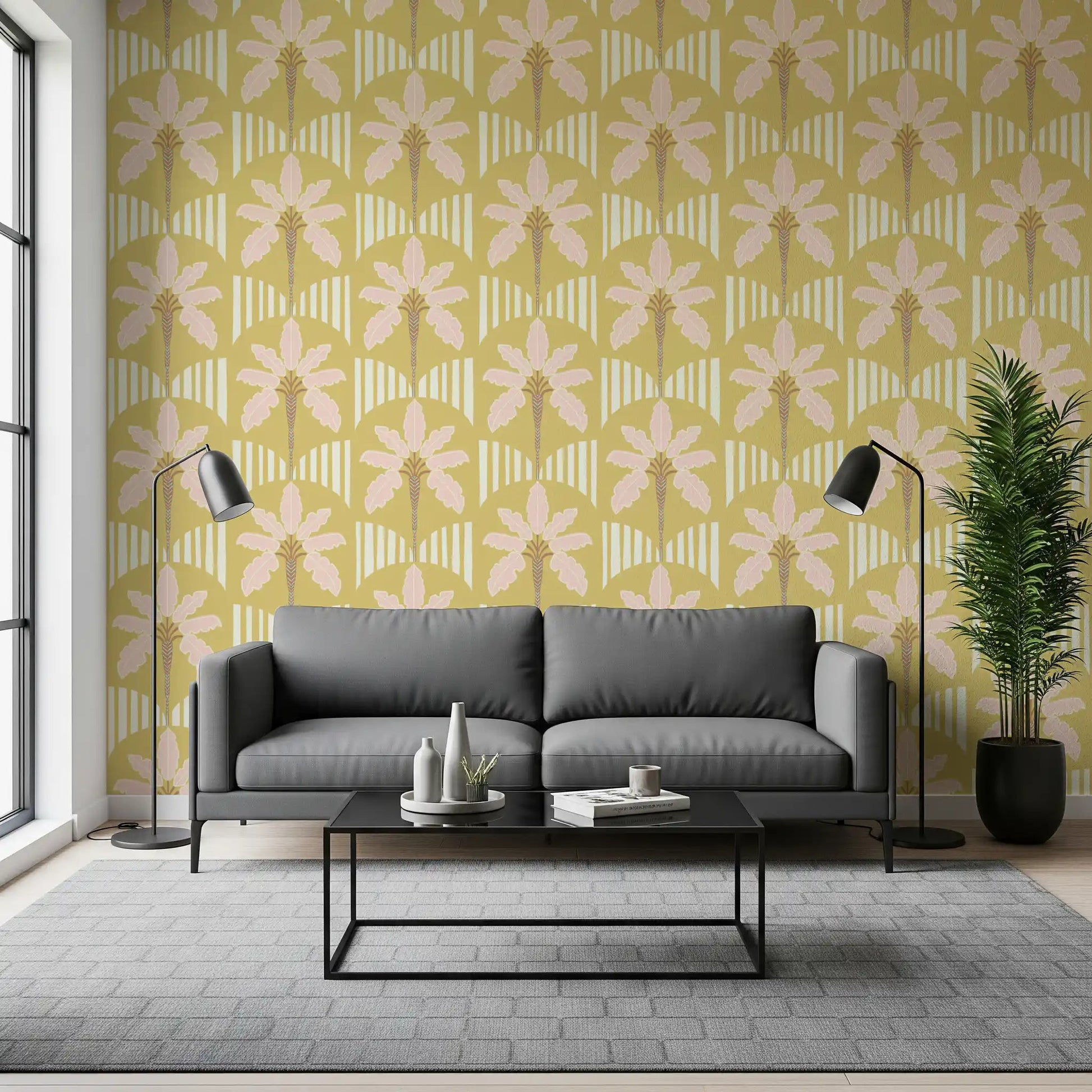 living room with blush palm wallpaper and curved stripe design in mustard tones
