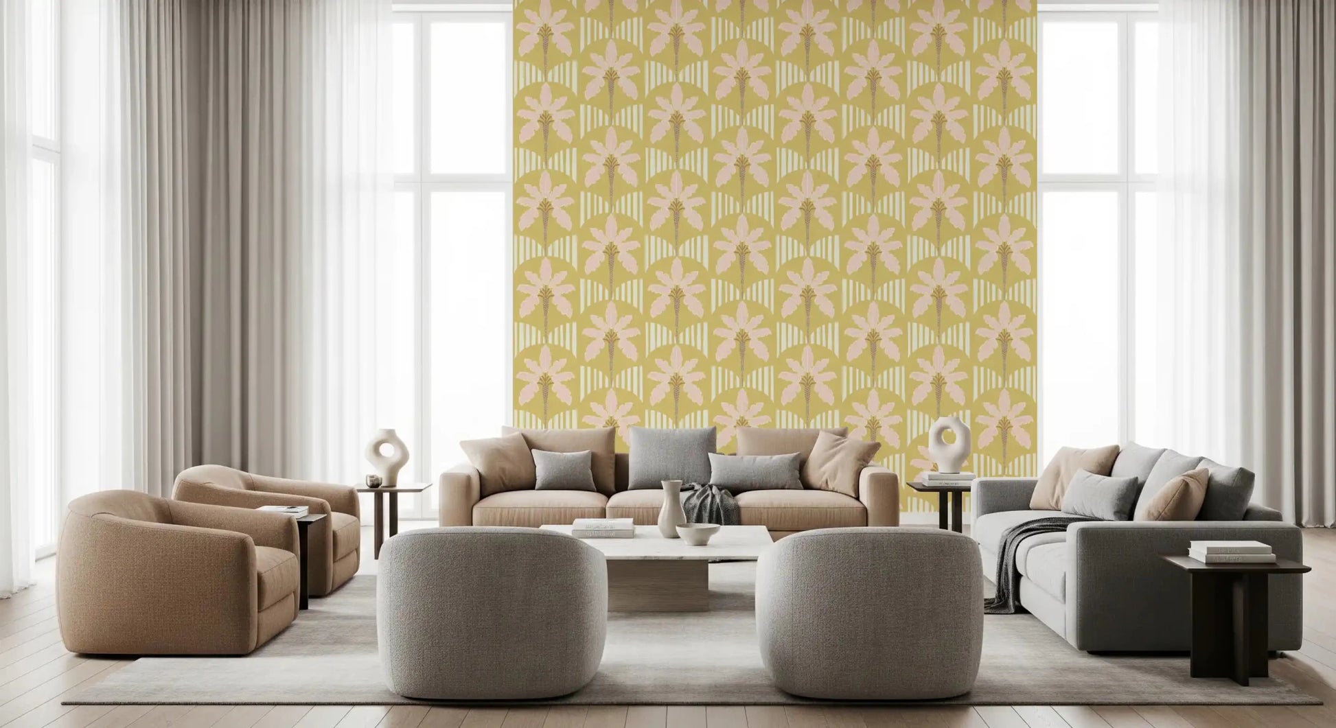 Entryway with pink palm wallpaper and curved stripe design in mustard shades