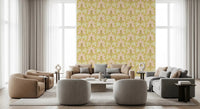 Entryway with pink palm wallpaper and curved stripe design in mustard shades