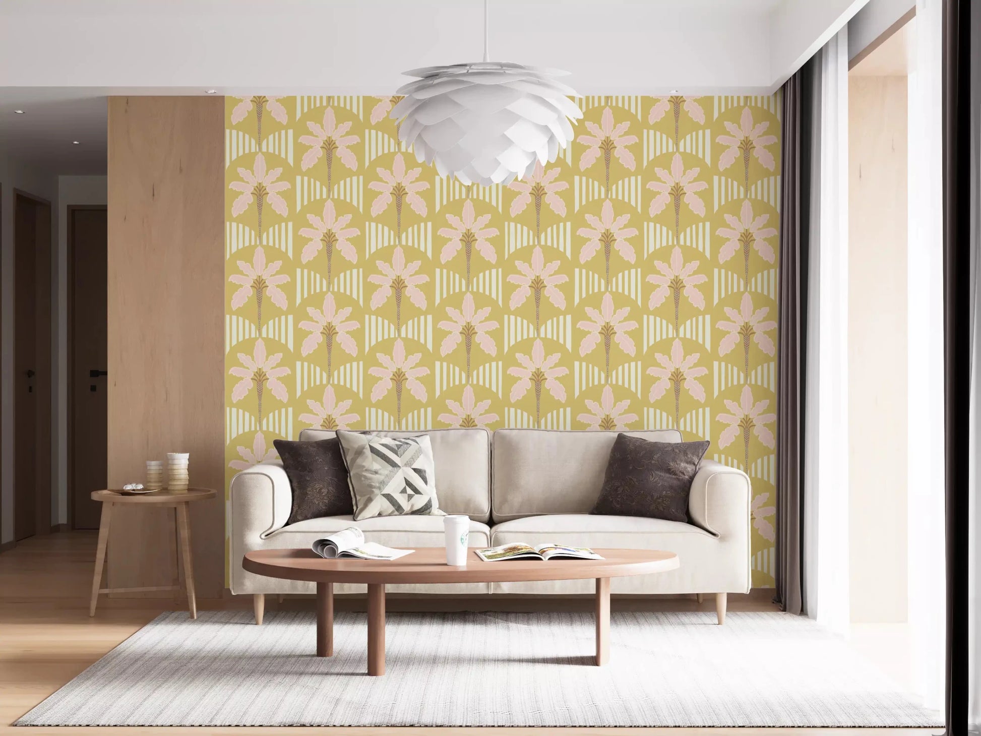 Living room with blush palm wallpaper and stripe arches in warm mustard tones