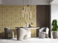 Home and office with soft pink palm wallpaper and mustard stripe pattern in neutral tones