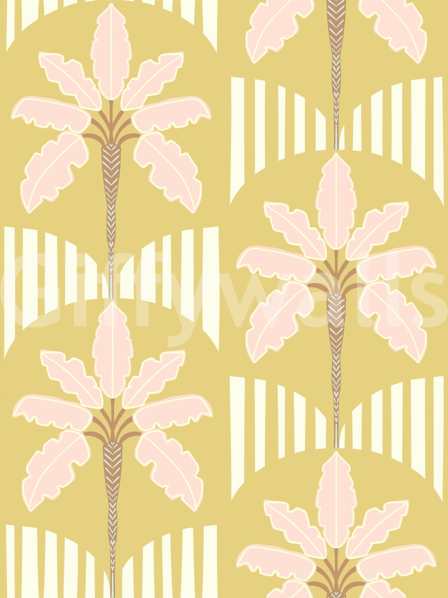 Pink palm wallpaper with mustard background and stripe arches