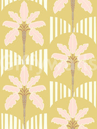 Pink palm wallpaper with mustard background and stripe arches
