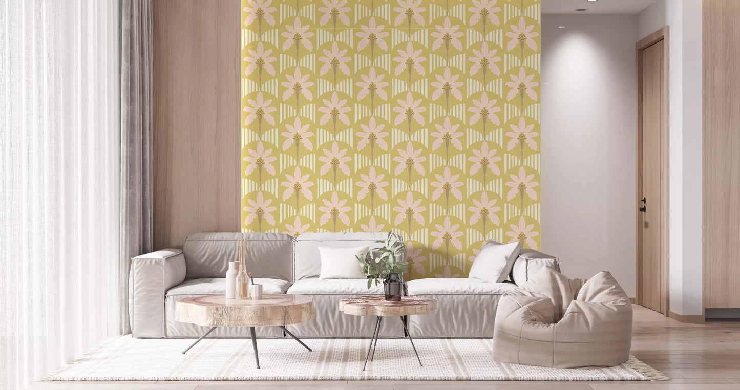 Hallway with retro palm wallpaper in pink and mustard stripe detailing