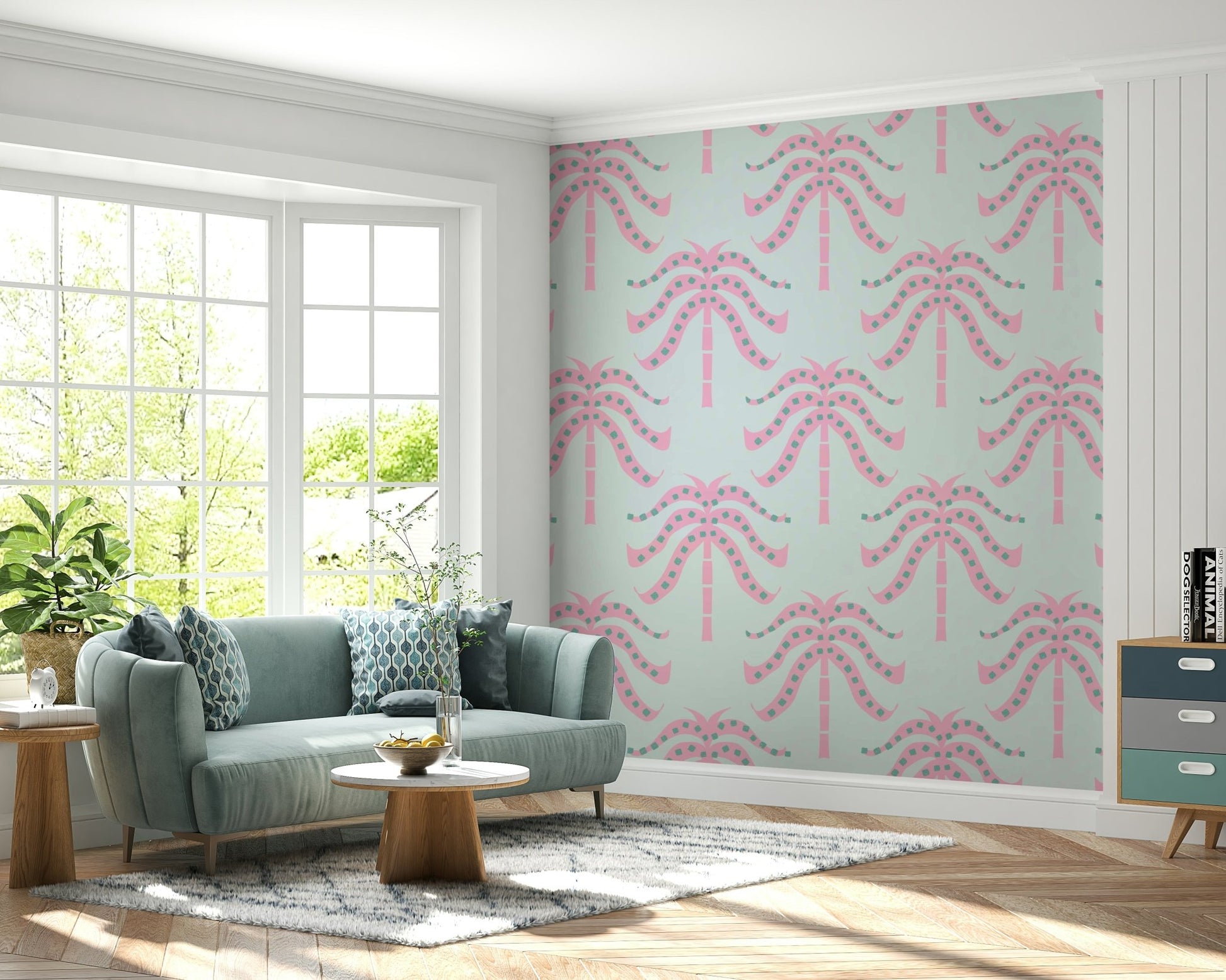A wall mural of a tropical palm leaf pattern.

