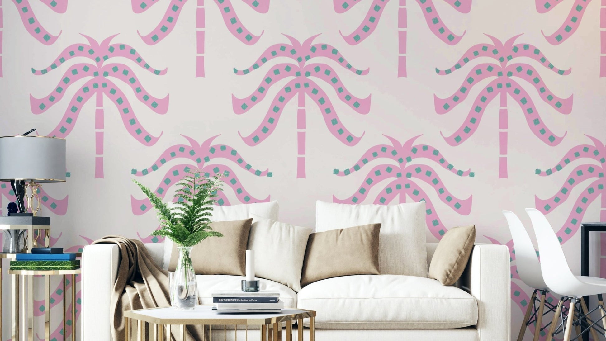 The image shows a peaceful, natural scene with palm fronds.

