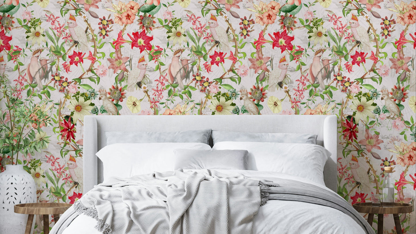 Playful nature wallpaper with animals in a flowering jungle setting.

