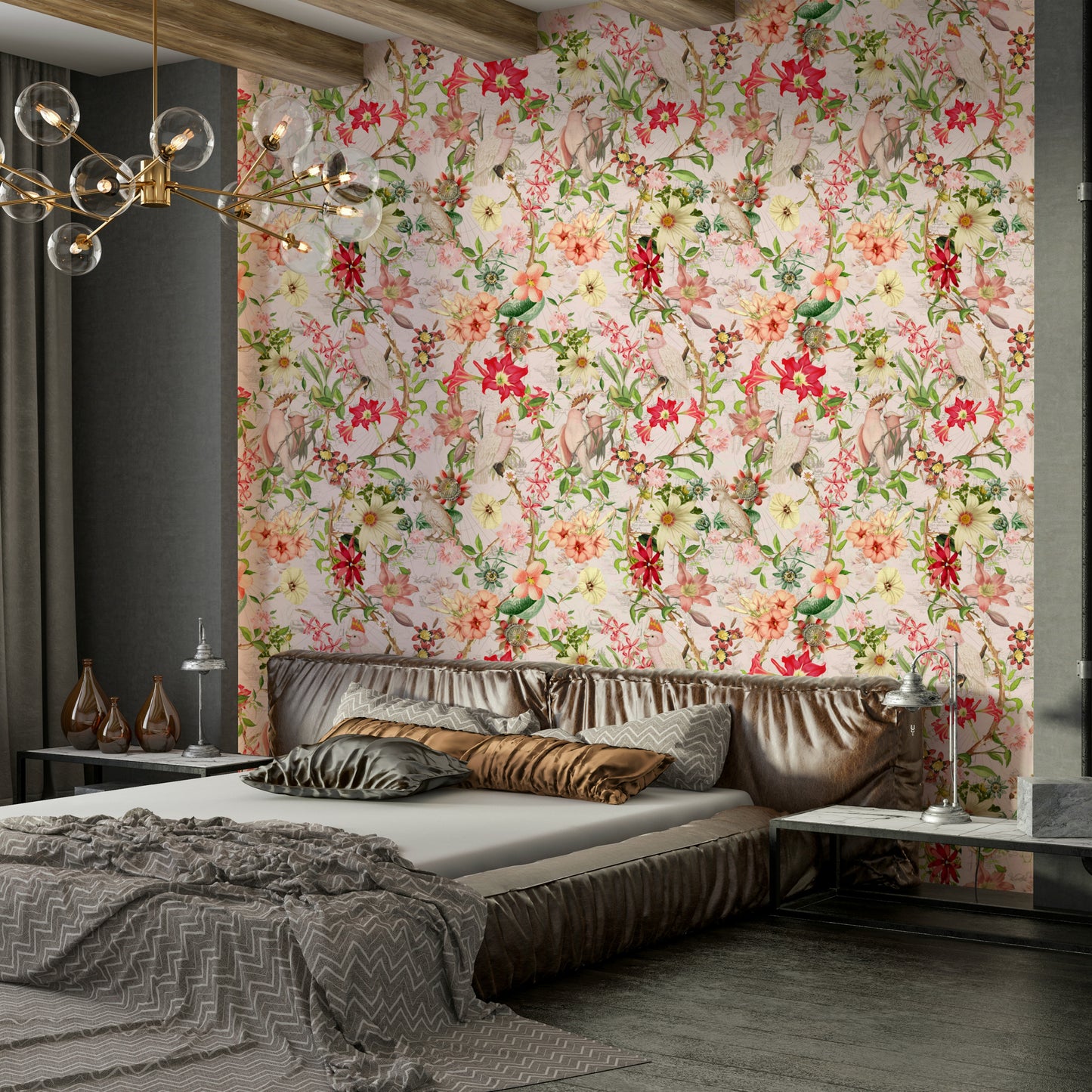 Creative wallpaper design with colorful jungle animals and florals.

