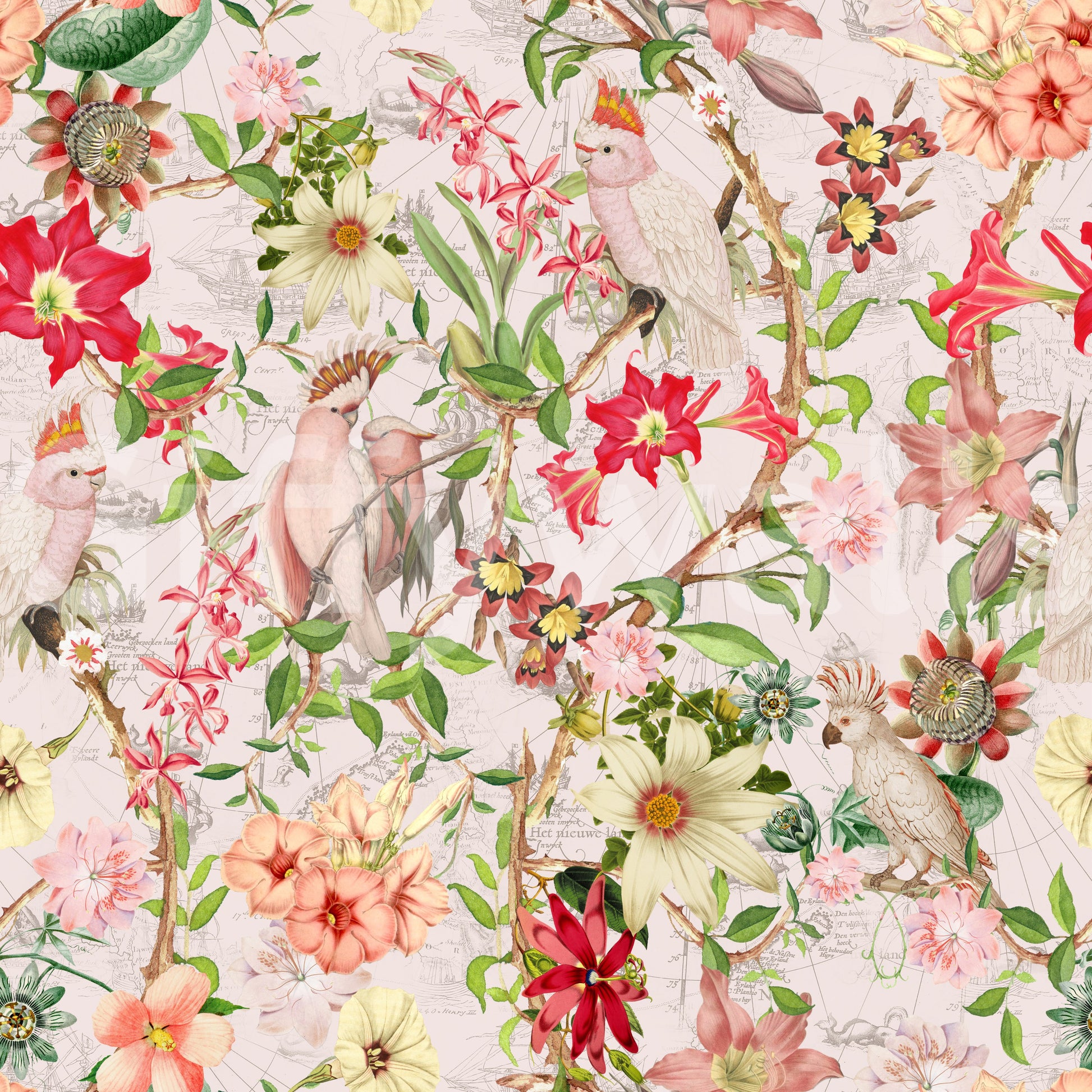 Exotic mural with botanical vines, birds, and pastel blossoms.

