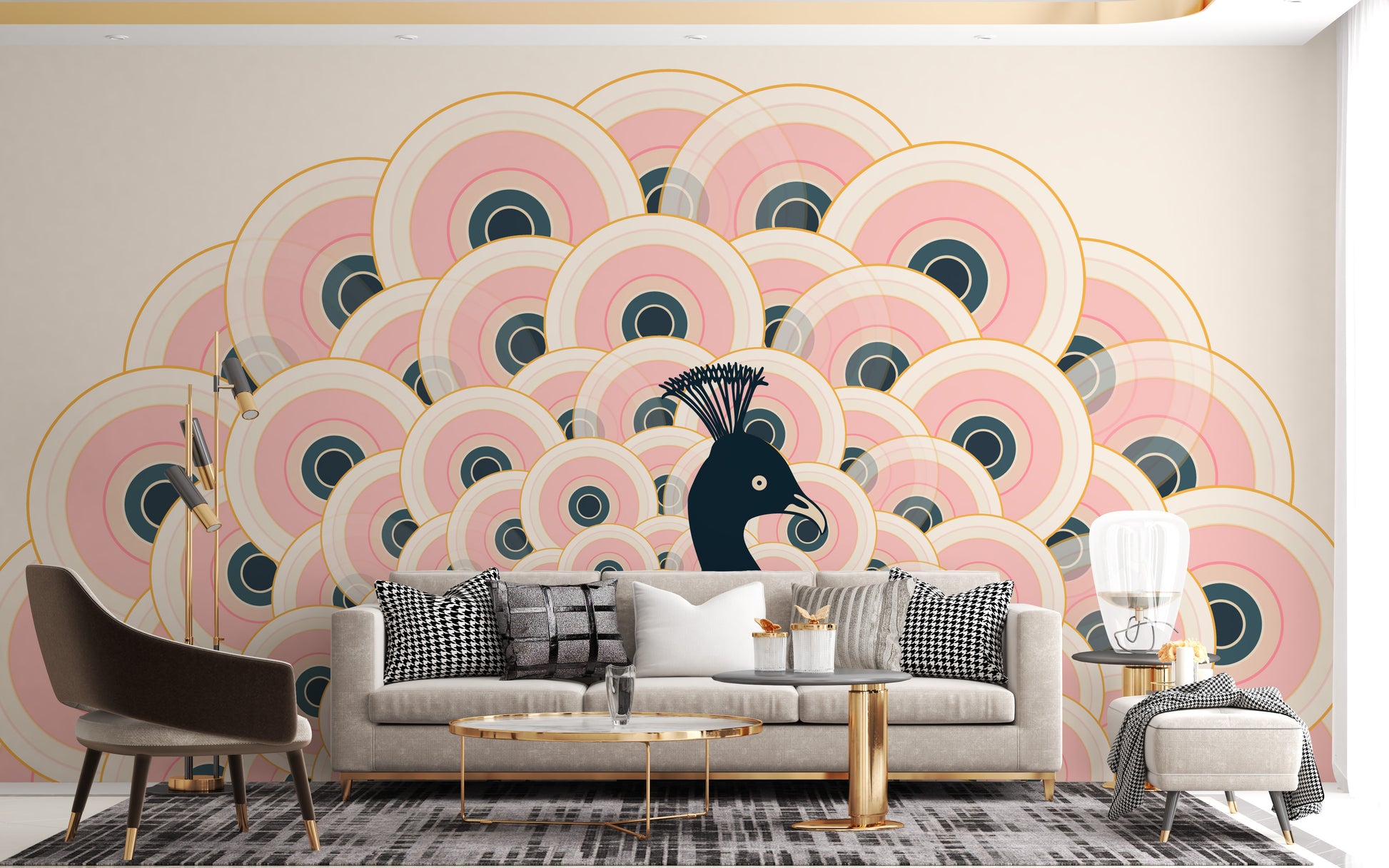 Soft pink wallpaper with bold peacock patterns