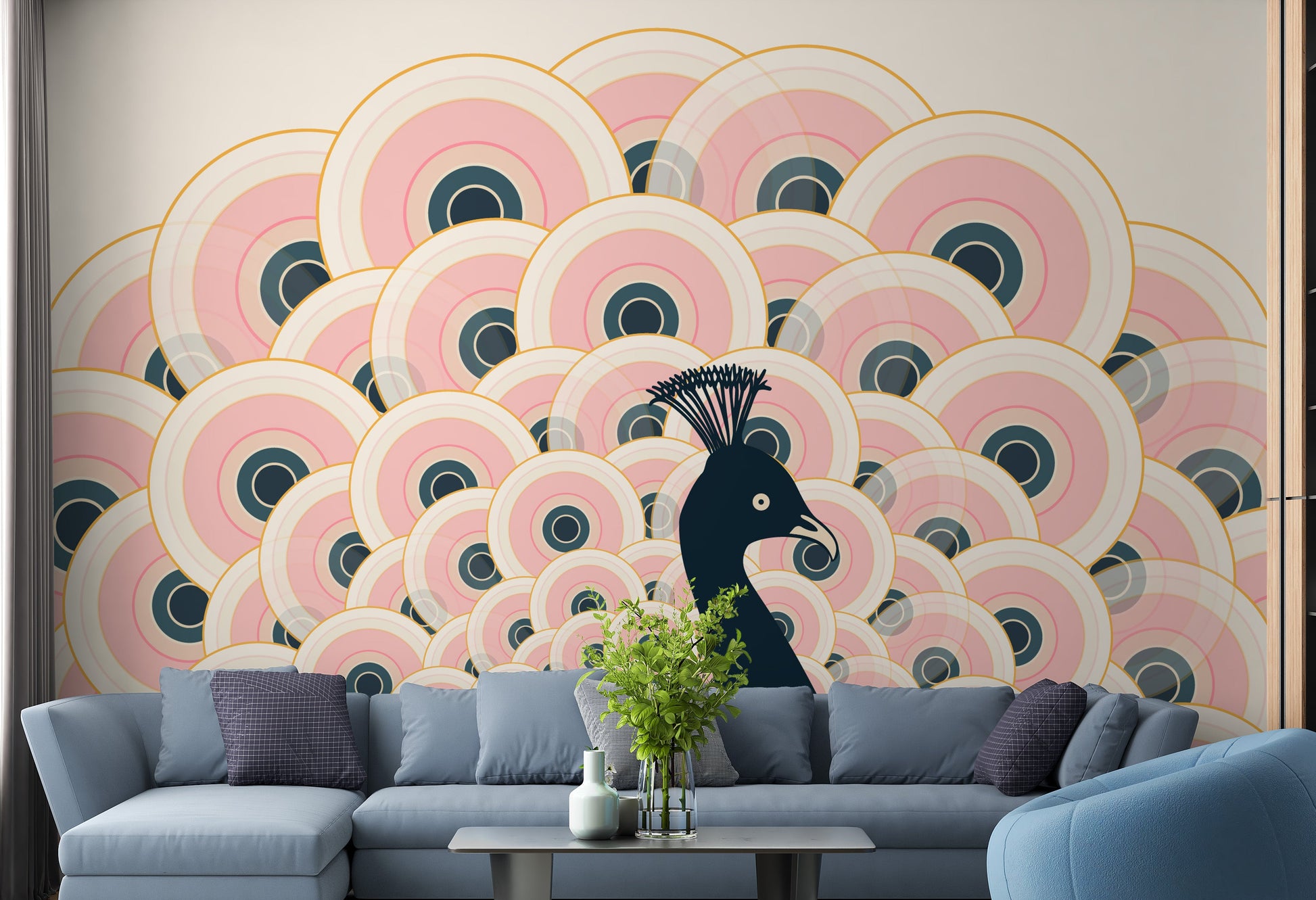 Elegant pink peacock pattern wallpaper for walls