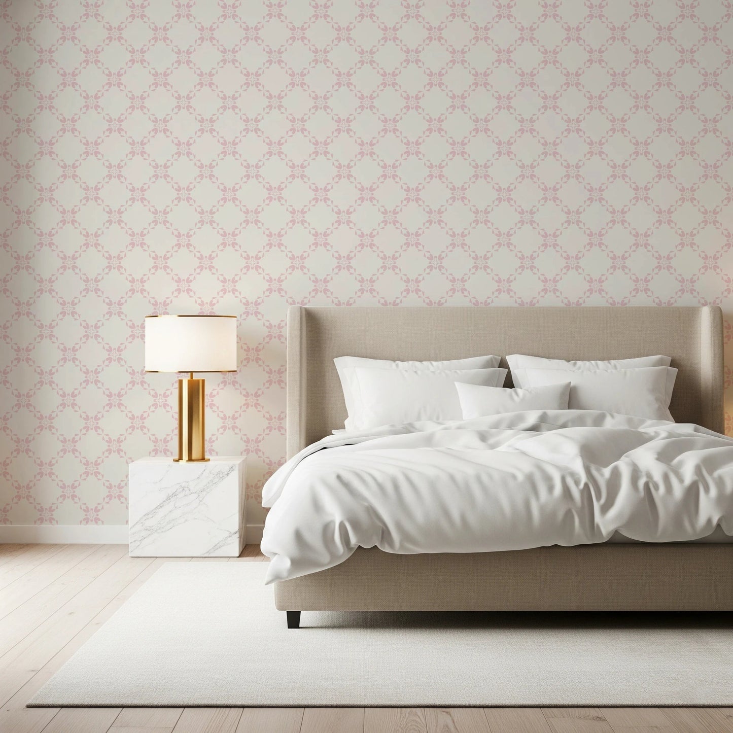 Pink Petal Lattice wallpaper behind a beige upholstered bed with white bedding and a gold table lamp