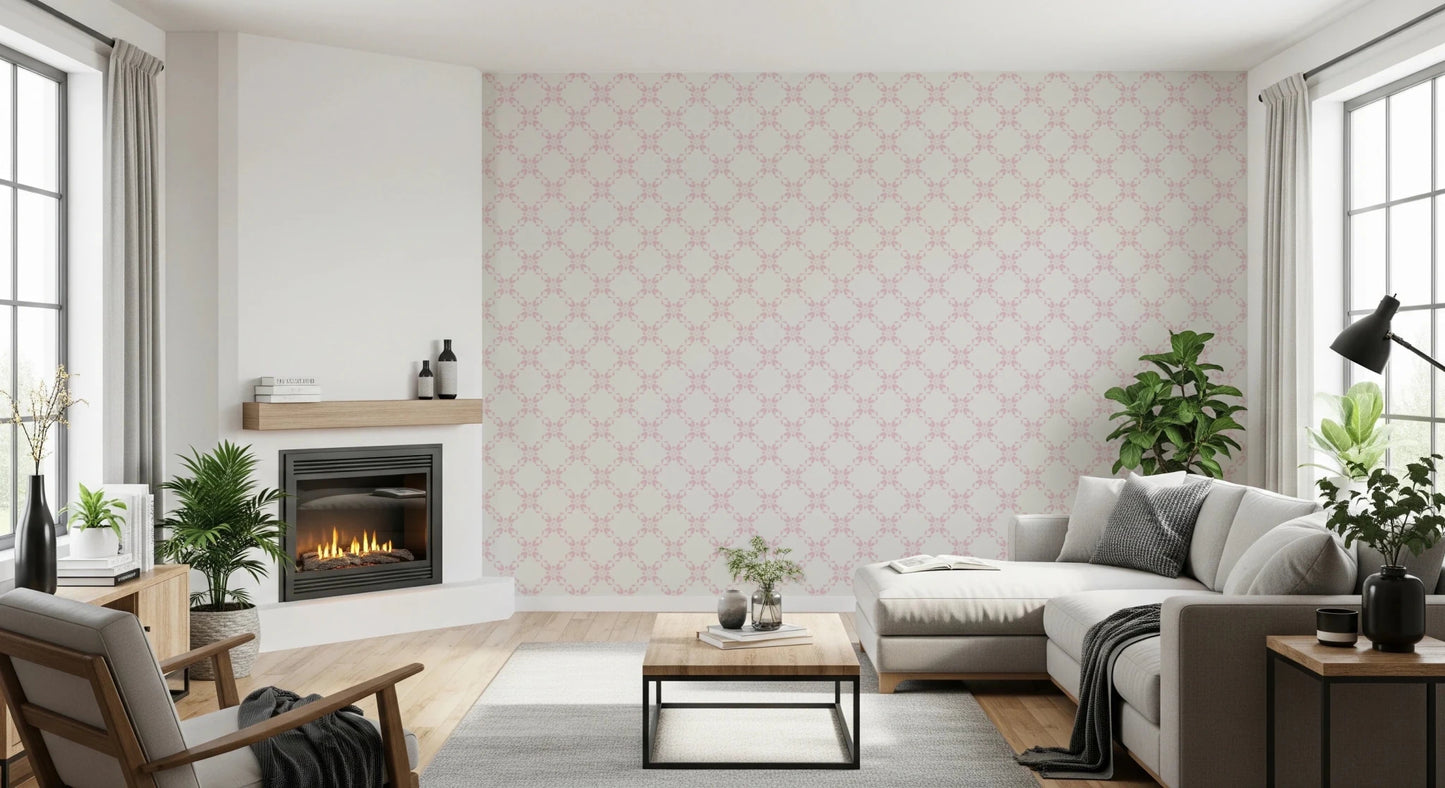 Pink Petal Lattice wallpaper behind a grey sectional, white fireplace and fiddle-leaf fig in a living room