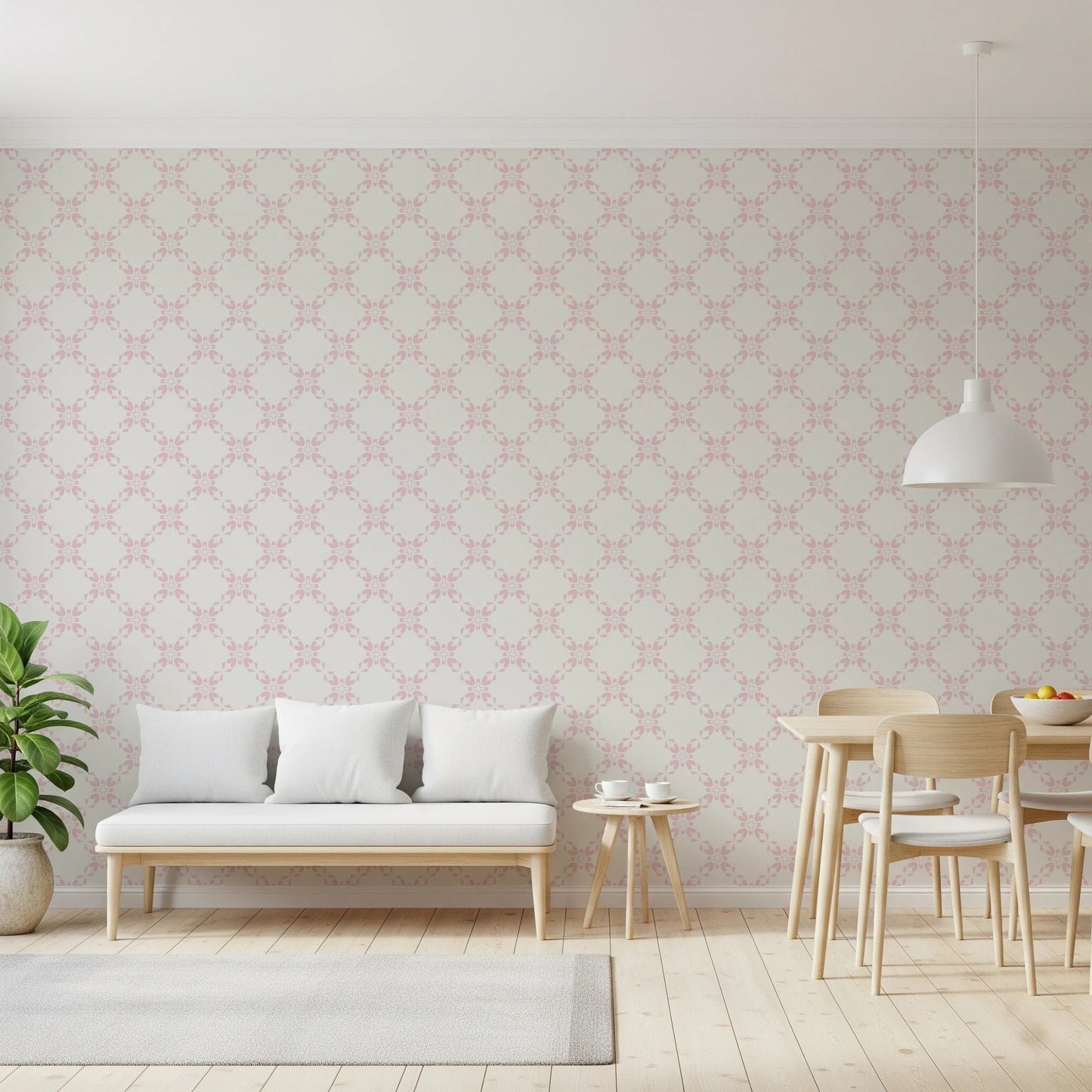 Pink Petal Lattice wallpaper behind a wood bench with white cushions and a dining set under a white pendant
